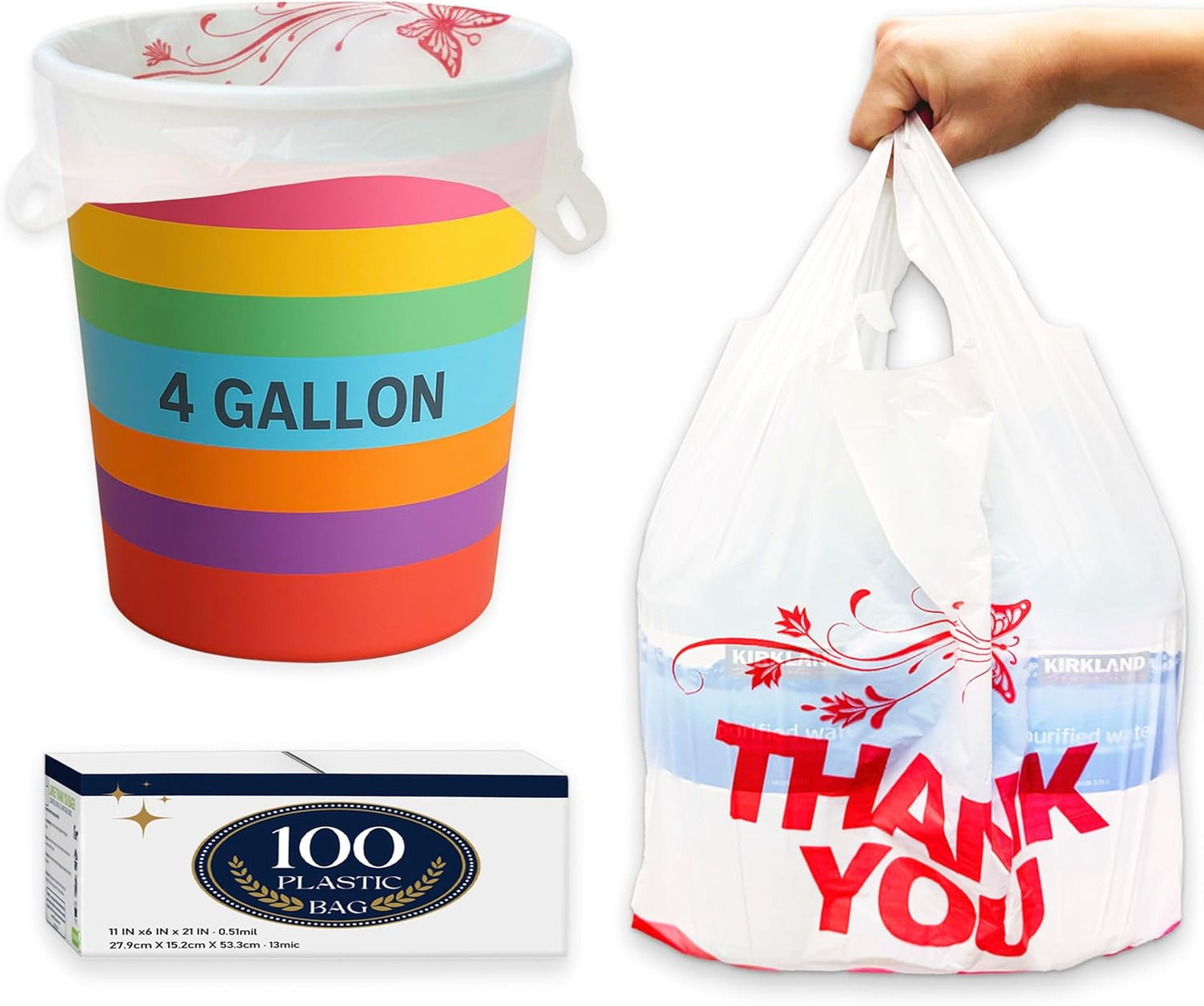 4 Gallon Small Trash Bags with Handles – 100 Count, 11" x 21" Plastic Garbage Bags for Home, Kitchen, Office, Bathroom – Thank You T-Shirt Style Bags for Small Business, Takeout, Grocery Use