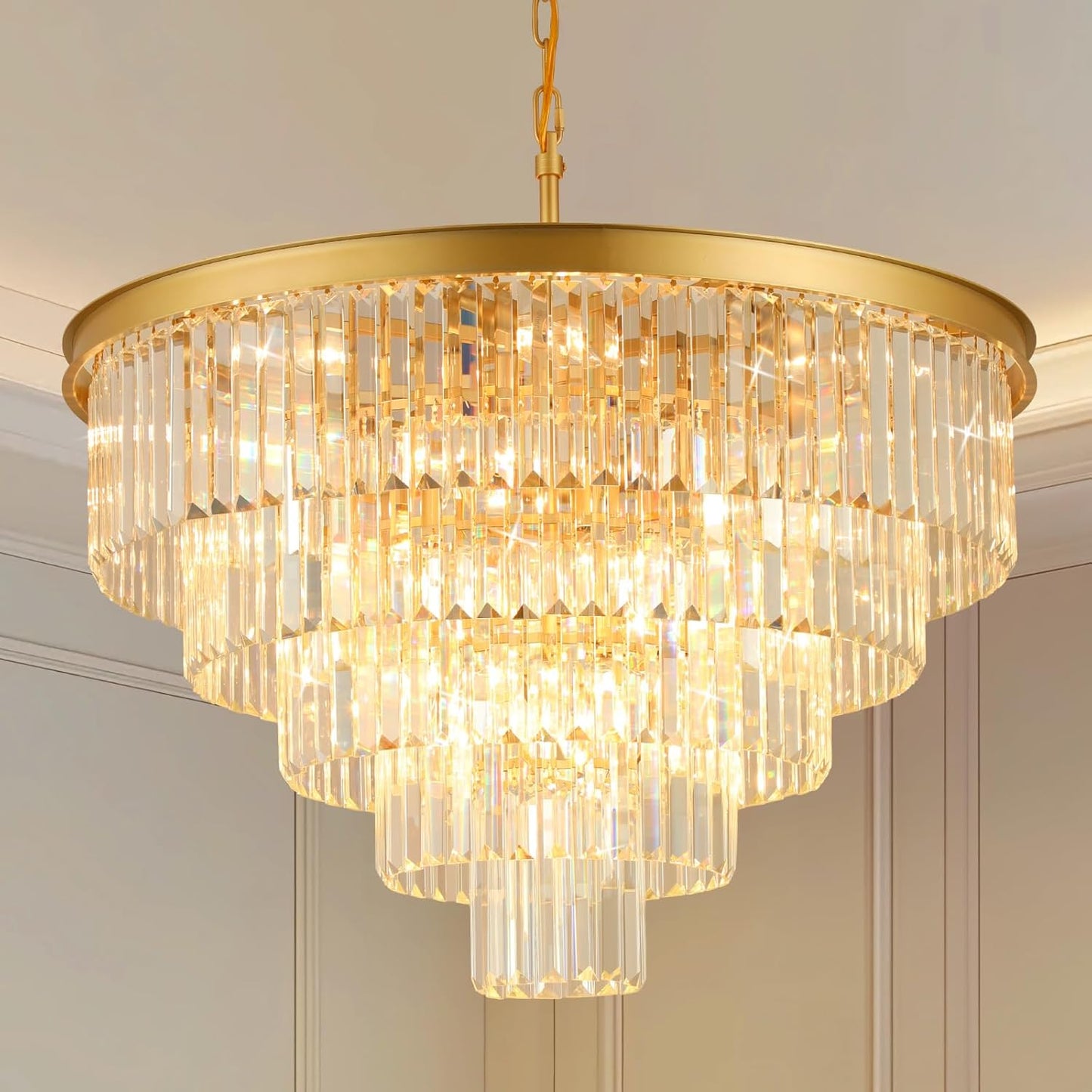 Crystal Chandeliers for Dining Room Lights Fixture Over Table, 20 Lights Gold Modern Chandeliers for Living Room, 5-Tier Round Crystal Lighting Fixtures for Bedroom Entryway Kitchen Island D30 Inch