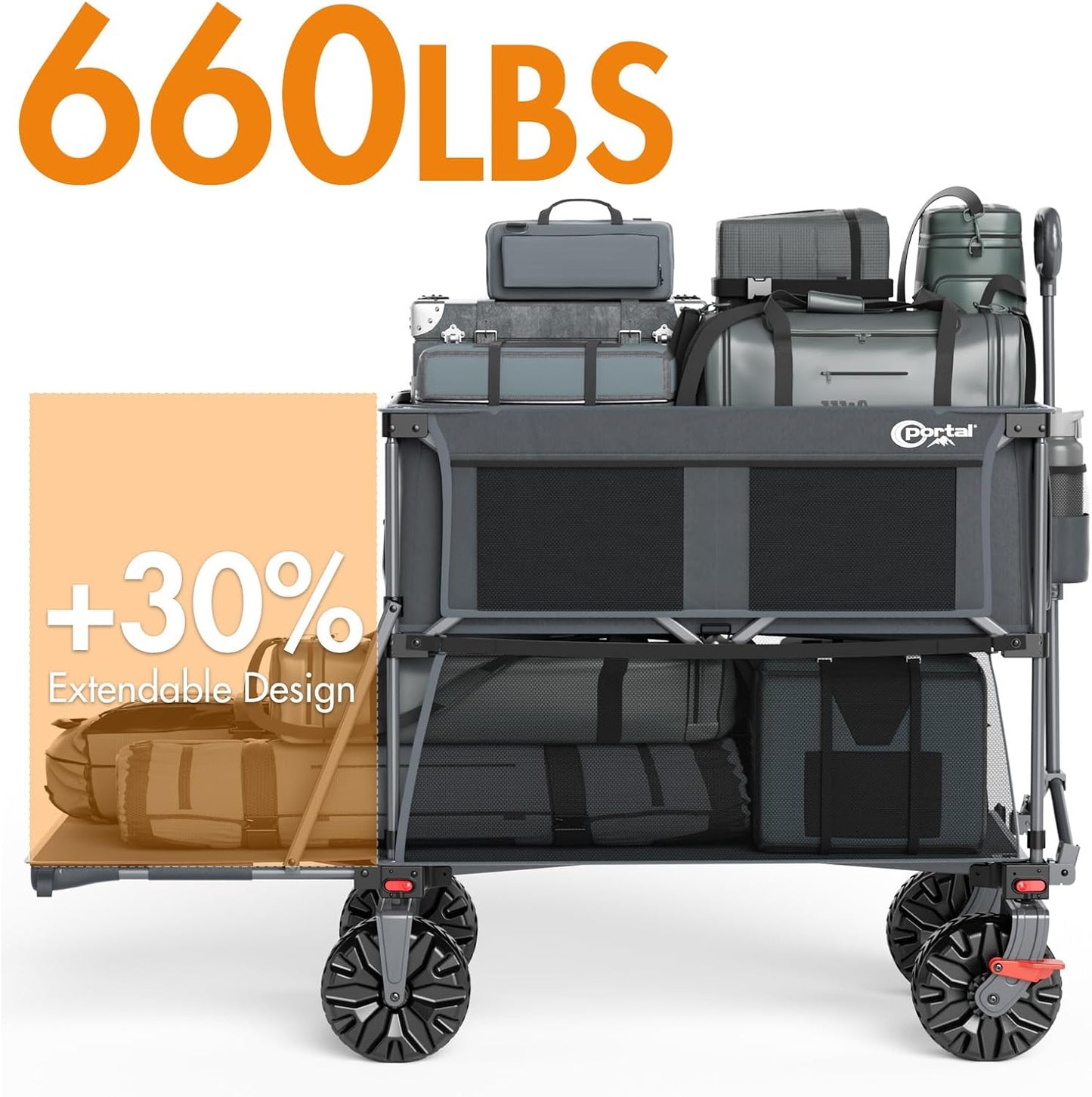 Portal Collapsible Large Double Decker Wagon with Brakes, 660lb Foldable Heavy Duty Utility Wagon Cart, 400L All-Terrain Big Wheels & 54" Extra Long Extender for Sports, Camping & Outdoor Use