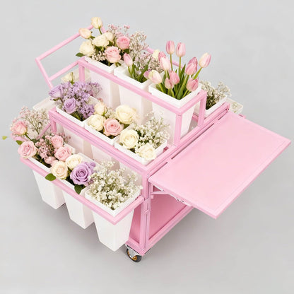 Metal Garden Cart Plant Stand with 18pcs Buckets and parasols, Slide Out Rolling Flower Display Rack, for Florist, Patio Garden, Weddings Party, Business Market (pink)