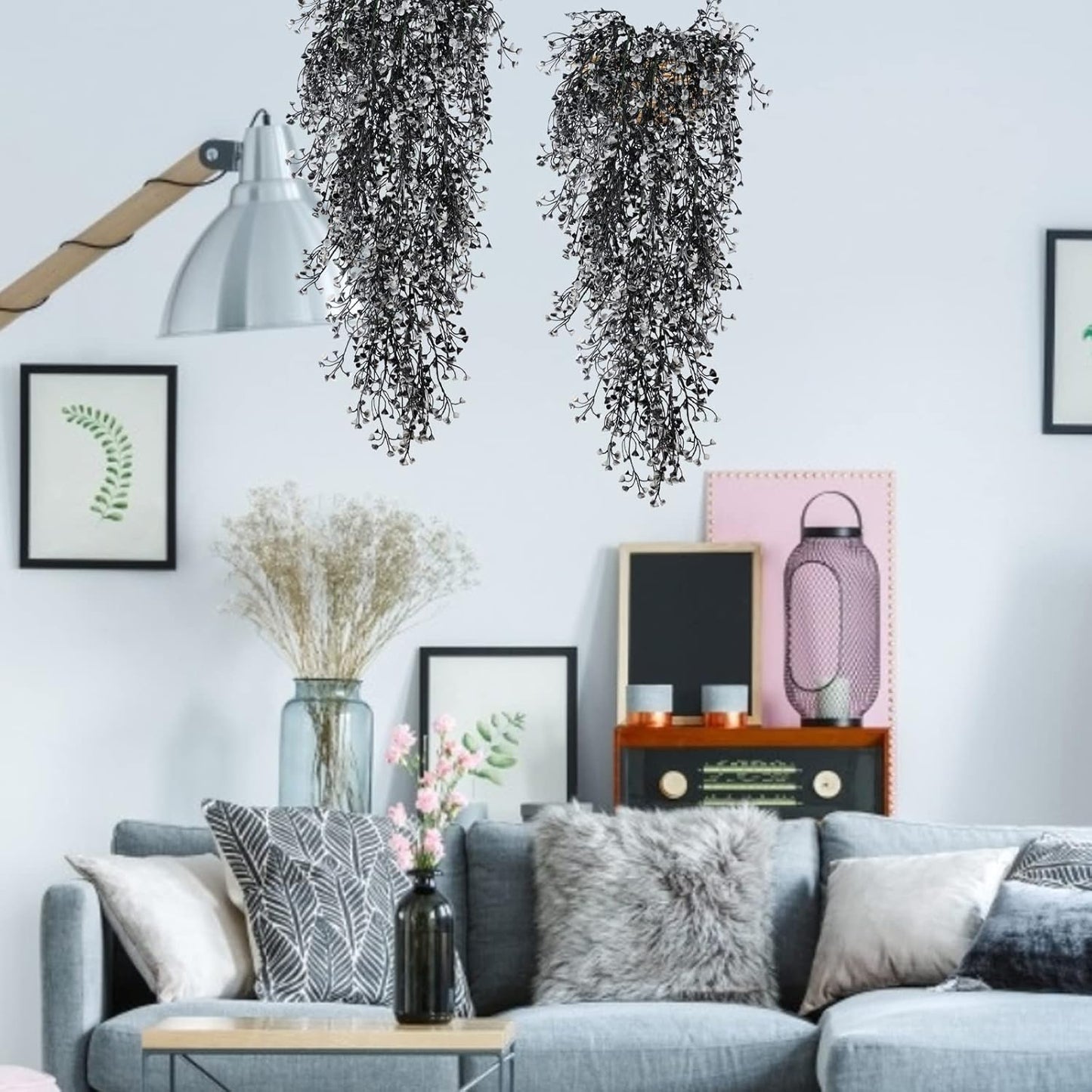 RECUTMS Artificial Hanging Plants 4 Pcs Fake Ferns Artificial Plants Large Faux Hanging Plant Wall Plants Fake Ivy Room Home Garden Wedding Halloween Party Indoor Outdoor Decor(Black White)