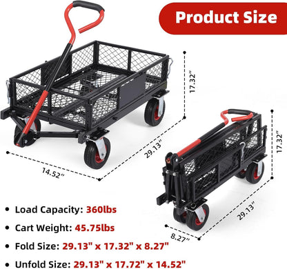 Garden Cart, Heavy-Duty Collapsible with Removable Mesh Sides, All-Terrain Wheels & 180° Rotating Handle for Gardening, Camping, Shopping and Outdoor Use