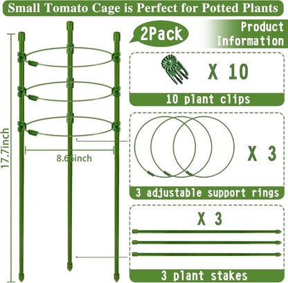 Halatool 2 Packs Tomato Cage Plant Support Cages for Garden 18 inches Adjustable Tomato Cage Cucumber Trellis Plant Support Stakes with 10 Pcs Plant Clips for Climbing Plants, Potted Plants
