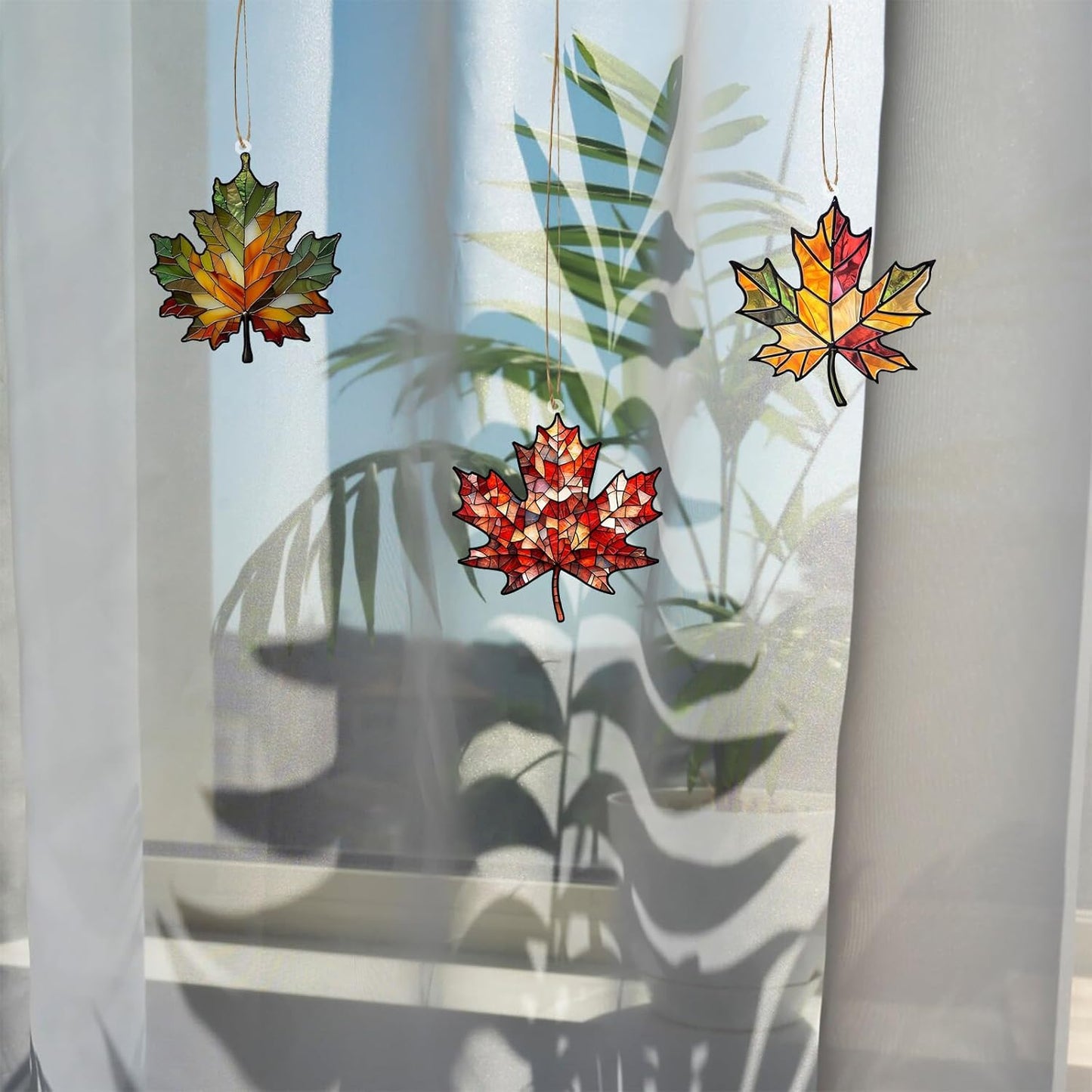 4PCS Maple Leaf Acrylic Fall Ornament Window Hanging Autumn Leaf Decoration, Acrylic Fall Leaves Wall Art Decor Pendent Suncatcher for Fall Autumn Thanksgiving Festival Xmas Party Supplies