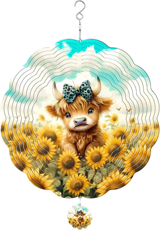 Highland Cow Hanging Wind Spinners for Women Men, 12 Inch Metal 3D, Stainless Steel Hanging Wind Catchers Sculpture for Outside, Christmas Decoration Garden, Unique Gift Xmas