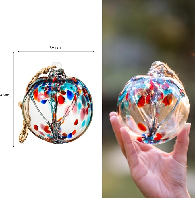 4” Tree of Life Witch Balls, Gazing Balls Hanging Friendship Balls, Hand-Blown Glass Christmas Ornament for Window Outdoor Home Decor, Garden Decoration, Gifts for Women (Teal Blue)
