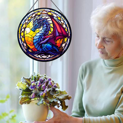 Celestial Dragon Suncatcher Stained Glass,Halloween Hanging Stained Glass for Windows,20cm/7.87inch Hand-Painted Suncatcher Garden Hangings Thanksgiving Fall Christmas Festival Gift