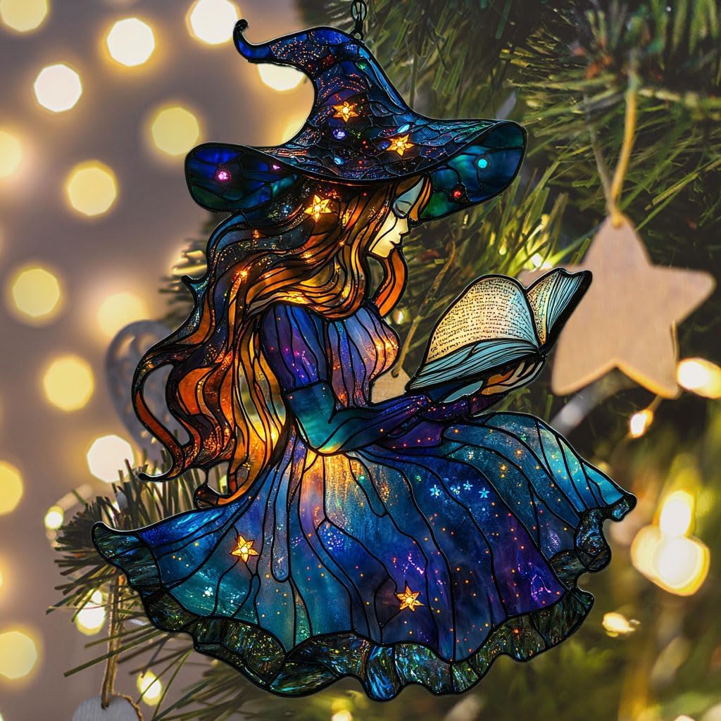 Cute Wizard Reading Books Acrylic Suncatcher Stained Glass Effect Window Car Hanging Christmas Ornament Indoor Outdoor Decor Garden Sun Catcher Panel for Book Lover for Women Mom Grandma