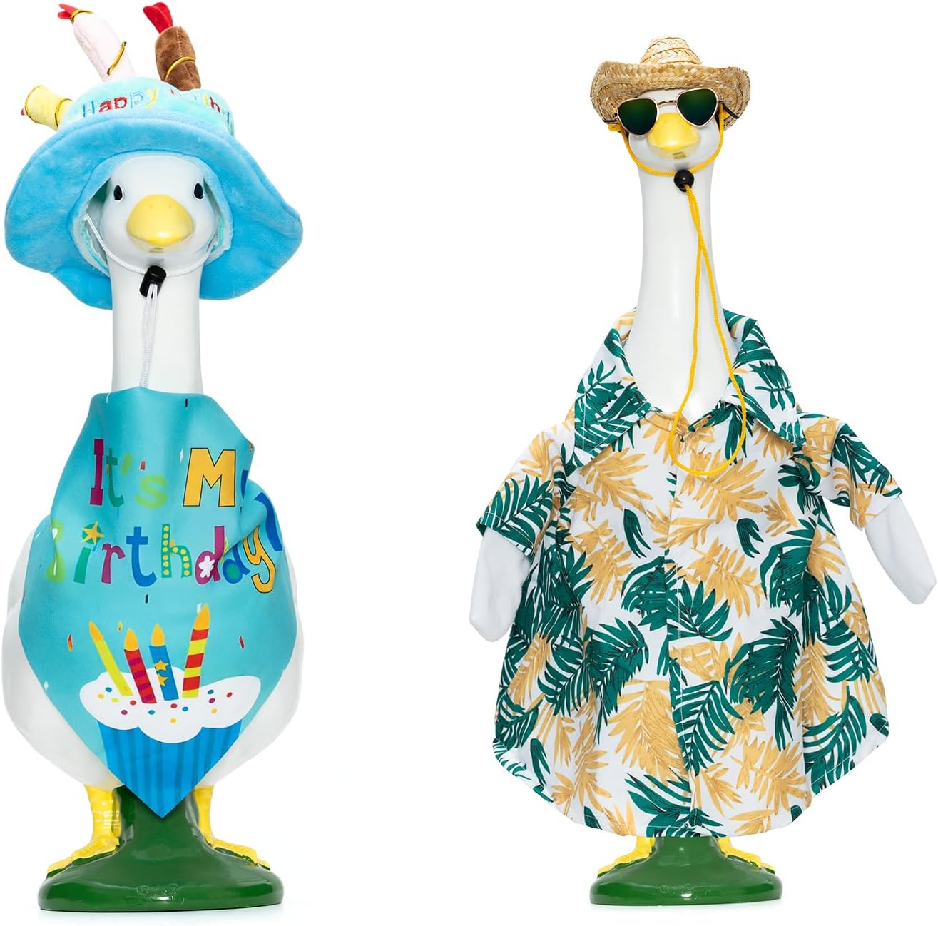 2 Set Porch Goose Outfits Hawaiian Summer Costume with Straw Hat and Glasses and Happy Birthday Outfit with Cake Hat and Bandana for 23" 17" Cement Plastic Goose Duck Lawn Decorations
