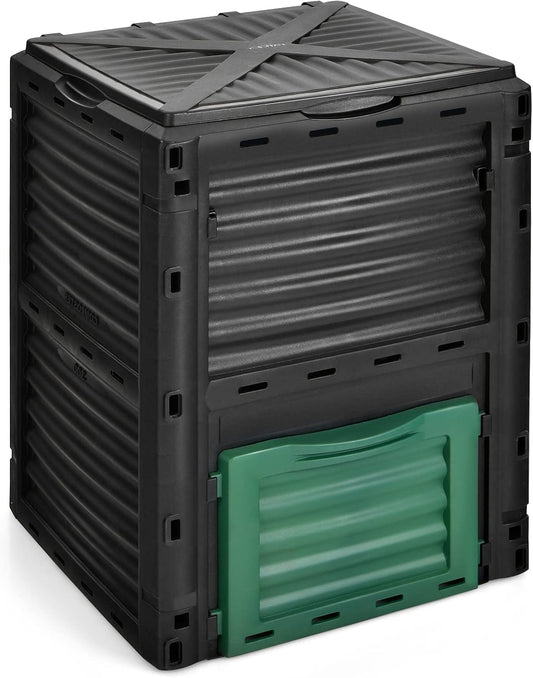 Happygrill Outdoor Compost Bin, Composting Box w/Top Flip Latch-on Lid,80 Gallons Composter for Kitchen Waste & Garden Scraps, Compost Barrel for Fast Creation of Fertile Soil (Black+Green)