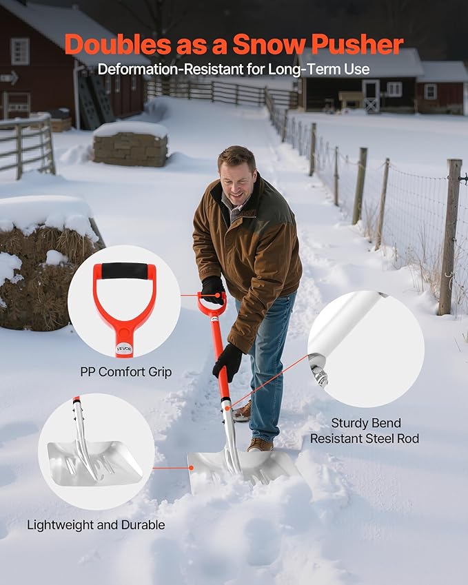 VEVOR Snow Shovel for Driveway, 14 in Wide Aluminum Alloy Snow Shovel with D-Shaped Handles, Large Capacity Snowplow Shovels, Lightweight Snows Removal Tool for Garden Car Camping