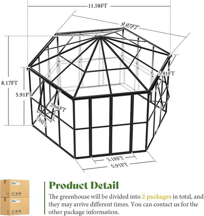 AMERLIFE 12×10×8 ft Hexagonal Outdoor Greenhouse, Aluminum Frame with Quick‑Connectors, 2 Swing Doors, 2 Vents – Walk‑in Garden Structure