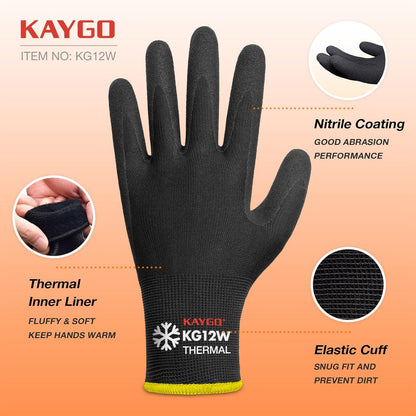 KAYGO 3 Pairs Winter Work Gloves for Men and Women, Thermal Insulated Safety Work Gloves Nitrile Coated, Super Grip on Palm & Fingers, Ideal for Freezer Work, KG12W Black, X-large