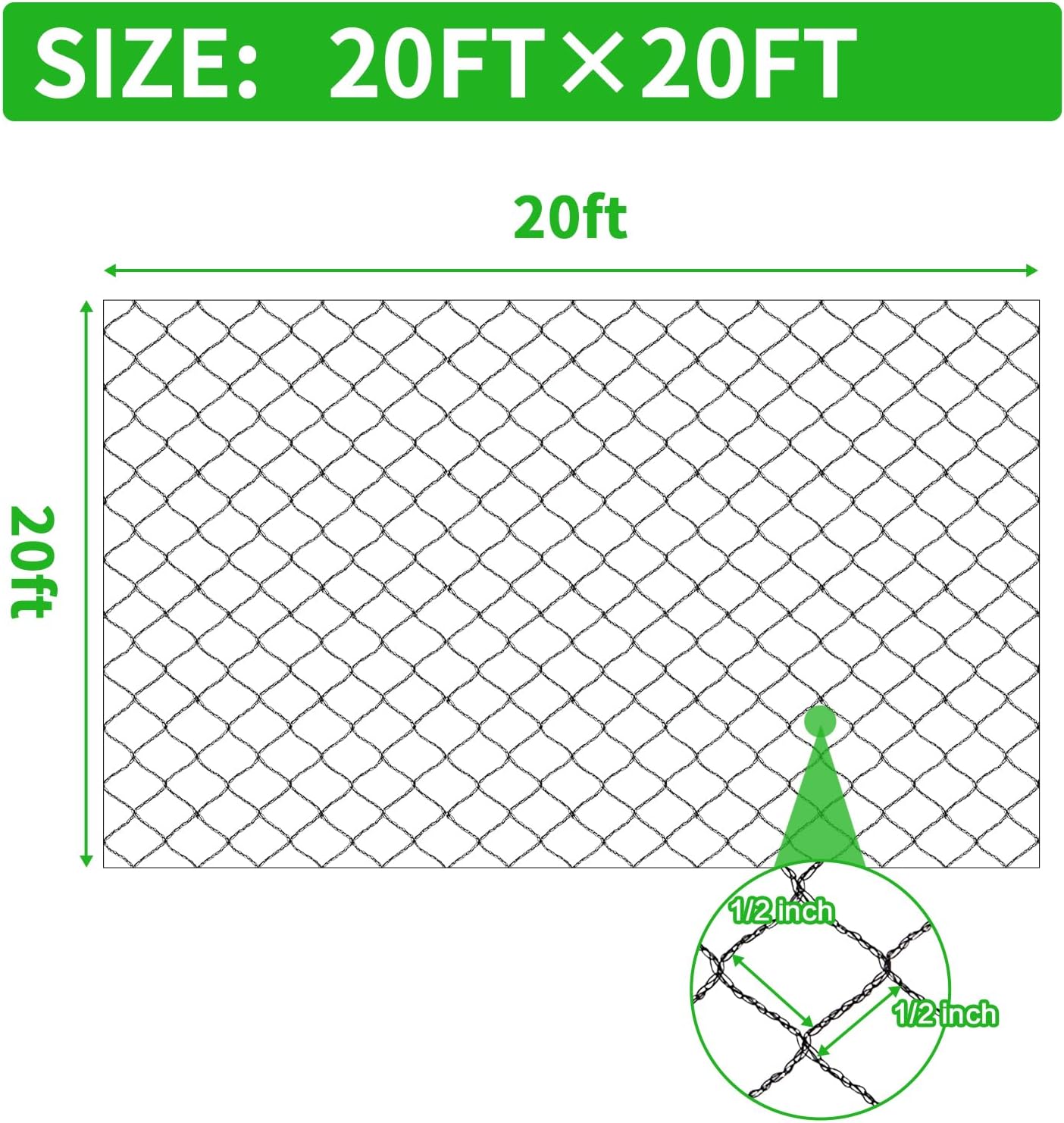 Woven Bird Netting 20X20 FT, 1/2" Mesh, Strong Bird Net Protect Fruit Trees, Blueberry, Vegetables, Strawberry Plants, Garden Netting Pest Barrier, Against Deer, Squirres, Small Critters