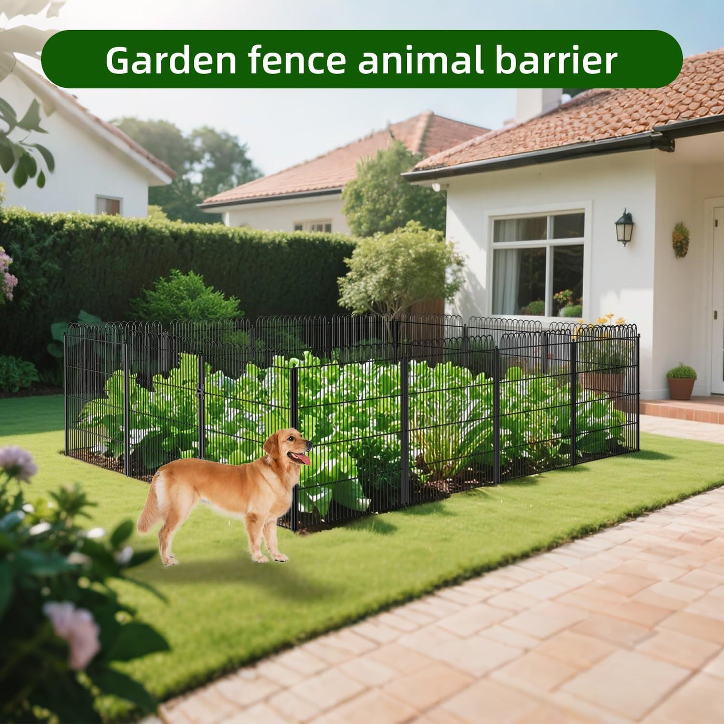 10 Panels No Dig Tall Decorative Garden Fence with Double Lock, 32 in(H) X 24 ft(L) Animal Barrier Fencing Outdoor for Yard,Rustproof Metal Garden Edging and Borders, Temporary Ground Stakes
