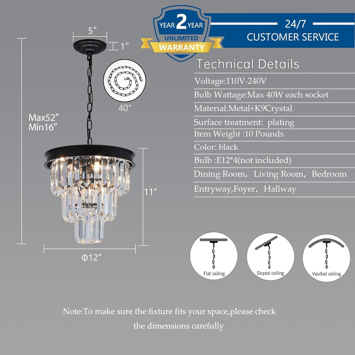 Crystal Chandeliers for Dining Room Light Fixtures Over Table，4-Lights Modern Black Crystal Pendant Lighting Fixture，3 Tiers Small Chandeliers for Kitchen Island Bedroom Entryway D12 Inch