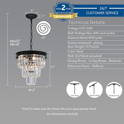 Crystal Chandeliers for Dining Room Light Fixtures Over Table，4-Lights Modern Black Crystal Pendant Lighting Fixture，3 Tiers Small Chandeliers for Kitchen Island Bedroom Entryway D12 Inch