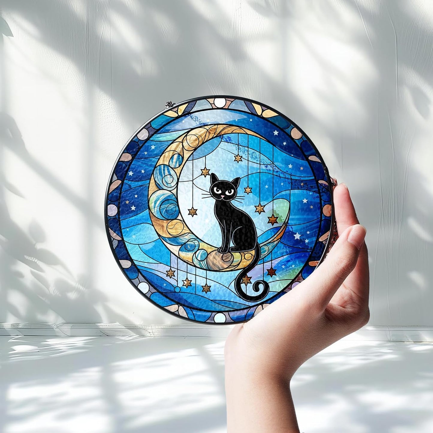 7.8" Black Cat Sit on Moon Stained Glass Suncatcher, Black Cat Suncatcher Window Hanging, Sun Catcher Garden Decor Housewarming, Birthday Gifts for Pet Lover, Women, Mom, Friends PET-06D-SG8
