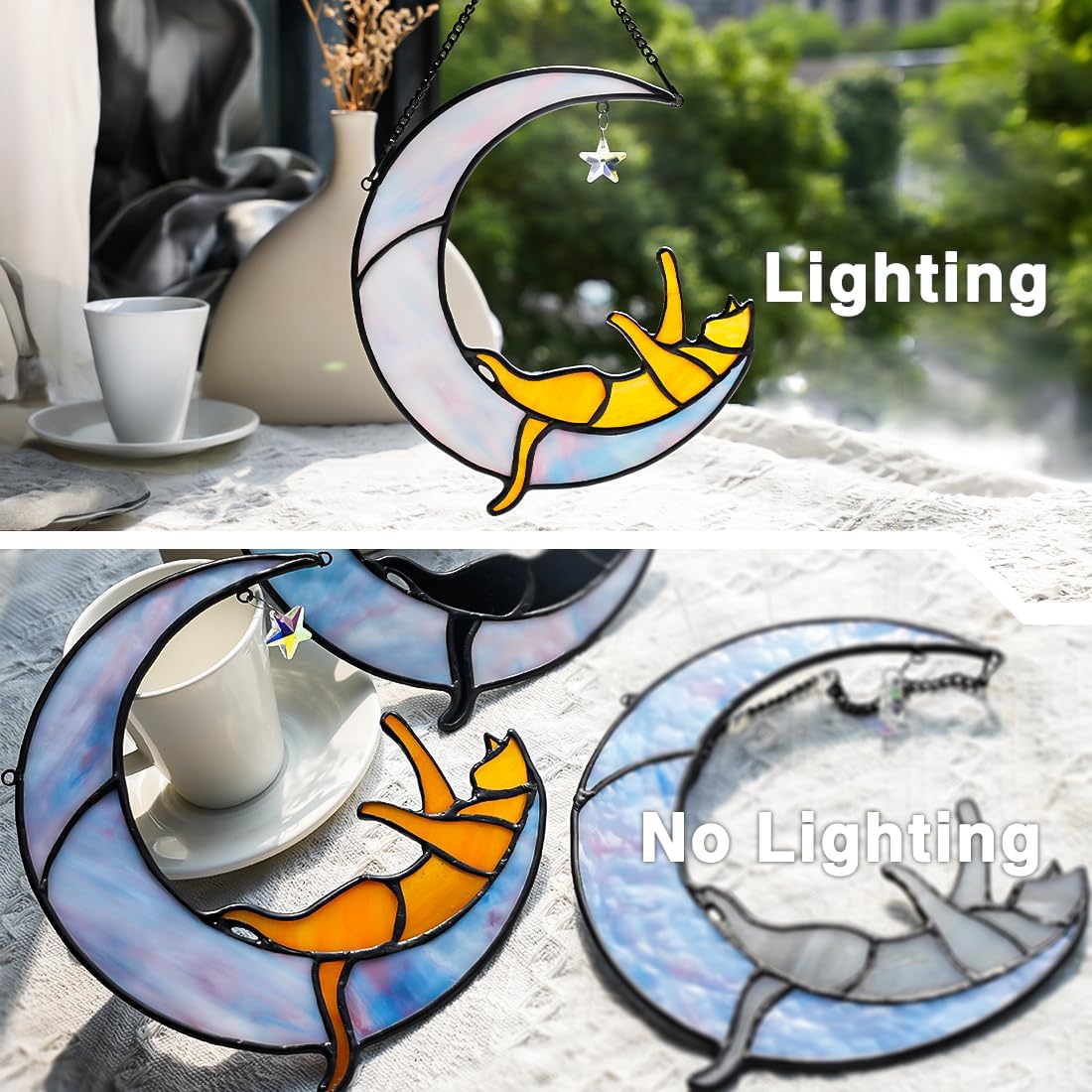 Orange Cat on Moon Stained Glass Suncatchers Star Crystal Decor,Rainbow Stained Glass Window Hangings,Funny Cat Lover Themed Gifts for Women Mom