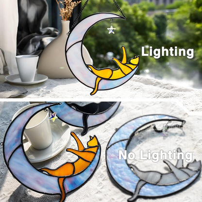 Orange Cat on Moon Stained Glass Suncatchers Star Crystal Decor,Rainbow Stained Glass Window Hangings,Funny Cat Lover Themed Gifts for Women Mom