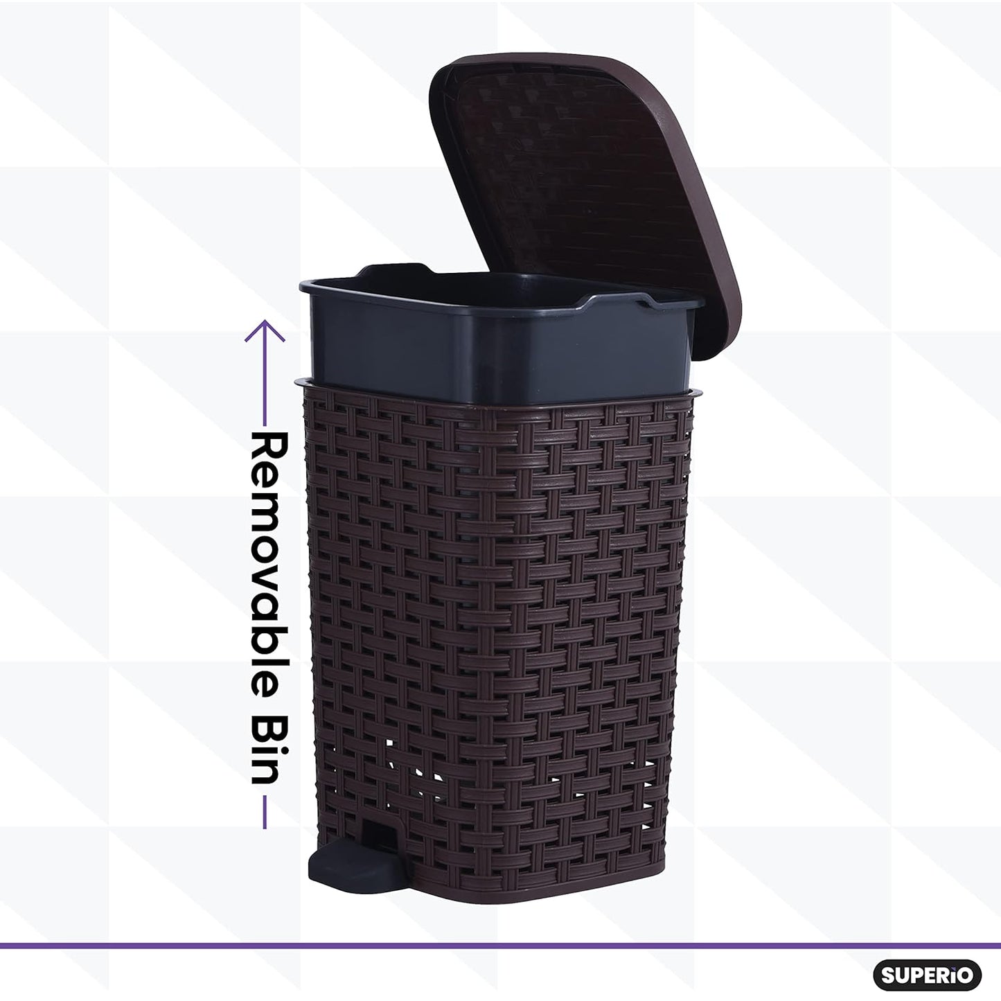 Superio Mini Trash Can with Foot Pedal Small Outdoor Garbage Can with Lid, 1.5 Gallon Plastic Waste Basket for Bathroom, Bedroom, Kitchen, Office, Patio (Wicker Brown 6 QT.)