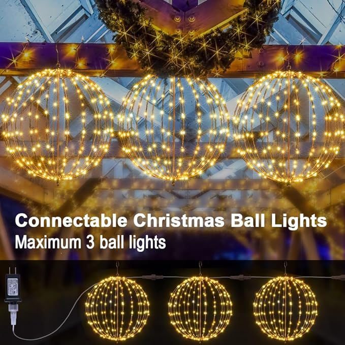 LIGHTSHARE 20IN 200LED Light Ball Yard Decoration Pathway Lights Sphere Light Fold Flat Metal Frame Indoor Outdoor Waterproof Garden Lights, Brown Frame / Warm White Lights