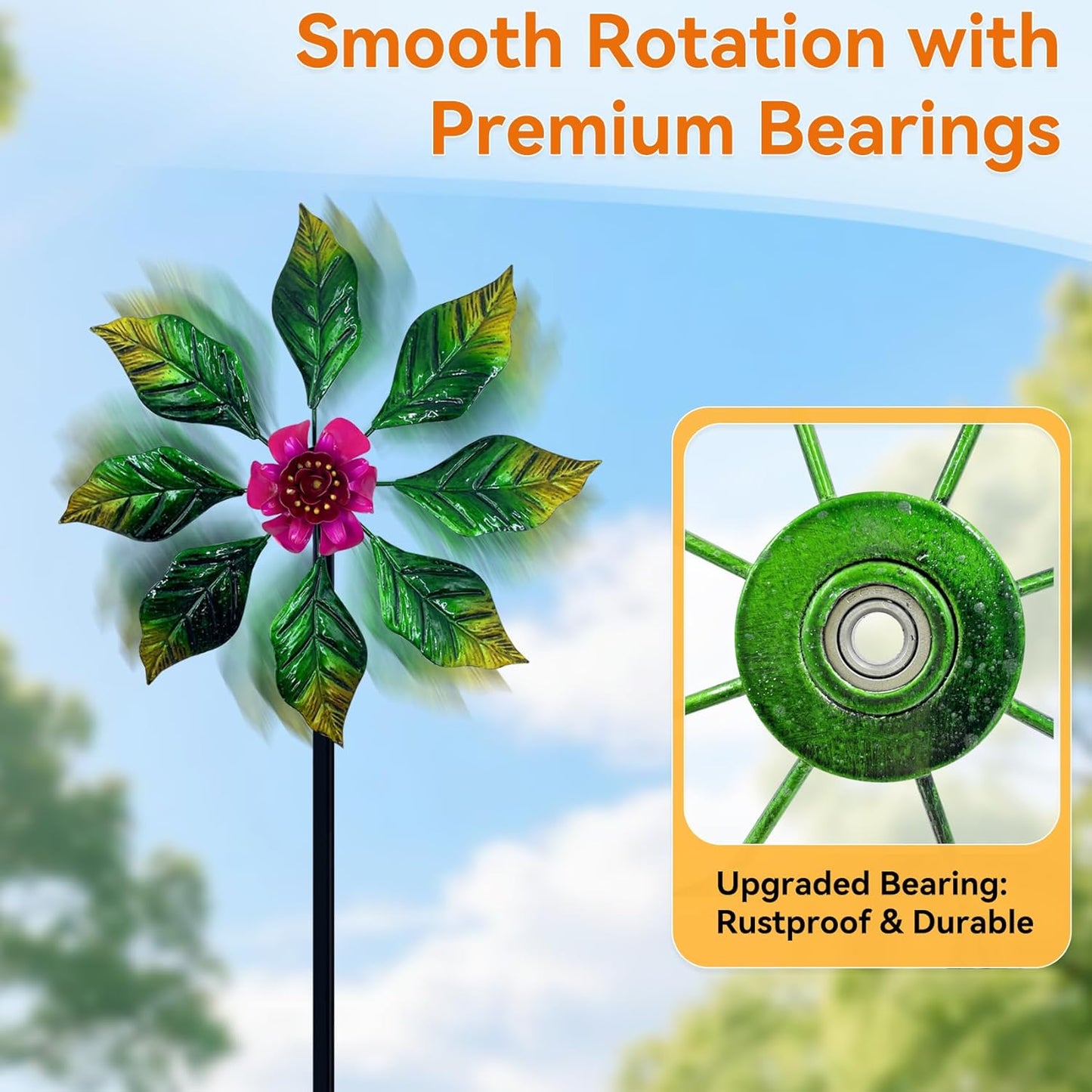 Solar Glow Garden Wind Spinner Outdoor, 13" W Flower Metal Wind Spinner & Sculptures with Fluorescent Coating, Kinetic Windmill for Yard Lawn Patio Decor