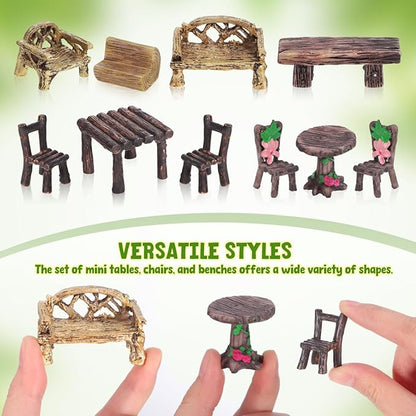 Garneck 10 Pcs Miniature Resin Fairy Garden Furniture Ornaments Rustic Mini Tables and Chairs Bench for Vintage Dollhouse Accessories Home Micro Landscape