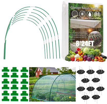 Garden Hoops and Mesh Netting Kit, Ultra Fine,Pest-Proof Cover 36Pcs Garden Tunnel,Plant Covers 8x24 Ft Netting &30 Clips &10Sets of Ground Stakes for Vegetable,Greenhouse Row Cover (Medium)