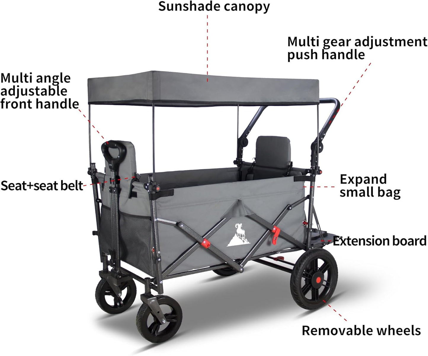 Collapsible Foldable Wagon Cart with Quick-Release Wheels & 2 Seats - Heavy-Duty Utility Wagon 265LBS Capacity for Camping, Garden, Shopping (Grey)