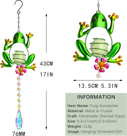 Stained Glass Metal Frog Suncatcher Crystals for Window Ornament - 17" Outdoor Fence Wall Art Decor, Rainbow Maker Hanging for Garden Yard Living Room Bedroom Patio Balcony