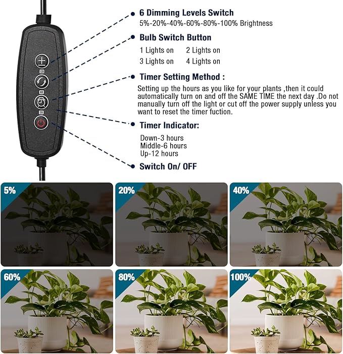 Full Spectrum Sunlight Growing Lamp Plants Grow Light Strips 4 Pack for Indoor Plants with Auto Timer 3/6/12H LED Grow Lights for Indoor Greenhouse Seedling, 16 Inches