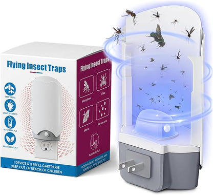 Fly Trap Indoor 1 Pack and 3 Refills – Flying Insect Trap, Fruit Fly & Gnat Trap for Indoor Use, Quiet Bug Catcher for Mosquitoes, Flies & Moths, Safe & Mess-Free Design