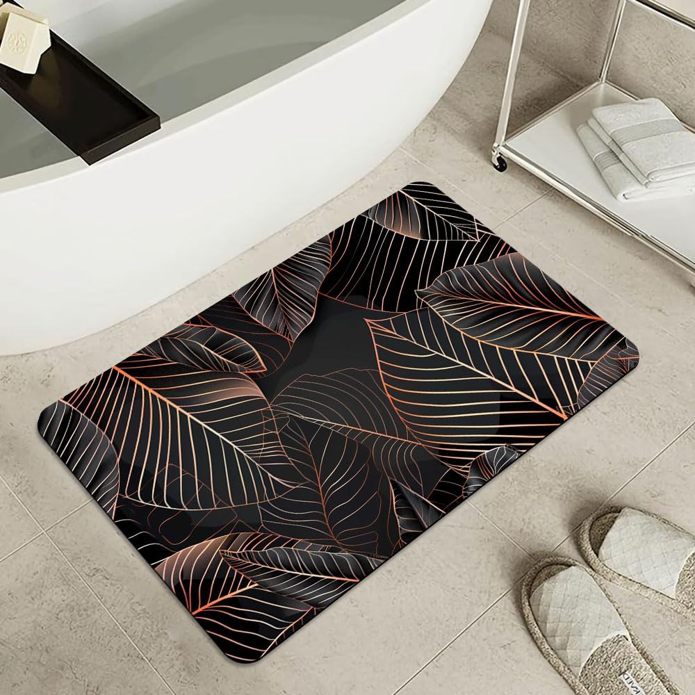 Bath Mat-Bathroom Rug，Black Rose Gold line Leaves-Absorbent Non Slip Quick Dry Stain Resistant Easy to Clean Care Shower Rug for Bathtub Shower Room 17×27.5Inch (43 * 70cm)