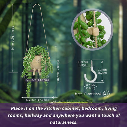 Artificial Succulents Hanging Plants Fake String of Pearls Trailing Plant in Cute Smiley Face Pot for Home Decor, Indoor Outdoor Wall Window Hanging Decorations (Includes Hanging Hook)