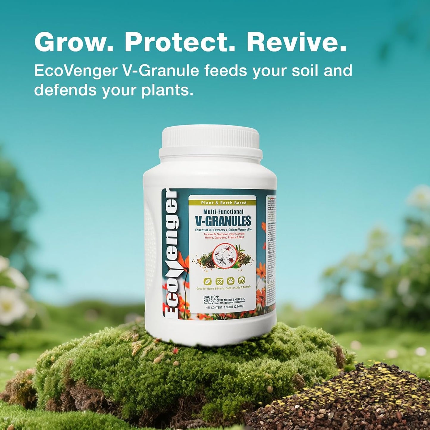 EcoVenger Multi-Purpose V-Granules 1.95LB Jug, Horticulture or Household Use for Indoor & Outdoor Protection Against Insects and Rodents, Improves Soil & Promotes Rooting, 100% Natural, Safe for Kids