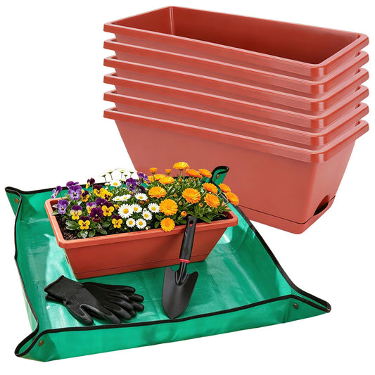 CAKKVDE 7 Pack 17 Inch Rectangular Plastic Window Box Planters(Brick-red)
