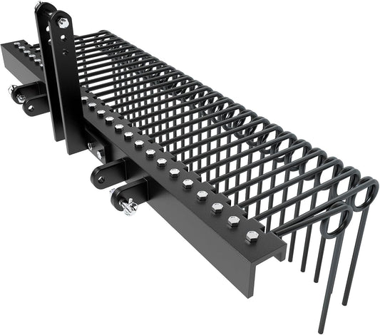 72" Durable Powder Coated Steel Pine Straw Rake, Steel Spring Landscape Rake for Leaves, Pine Needles, Straw, and Grass Attaches to Cat 0 Cat 1,3 Point Hitch Tractor, Black