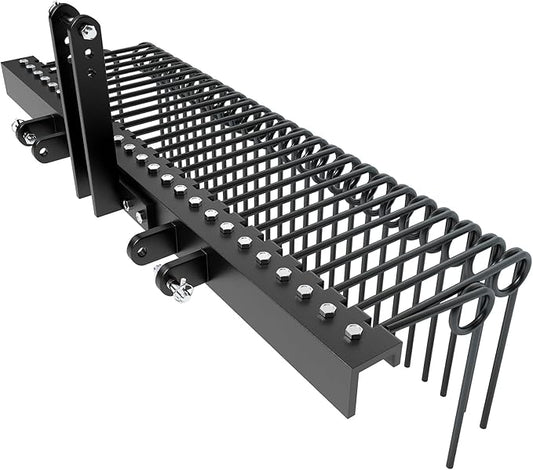 60" Durable Powder Coated Steel Pine Straw Rake, Steel Spring Landscape Rake for Leaves, Pine Needles, Straw, and Grass Attaches to Cat 0 Cat 1,3 Point Hitch Tractor, Black