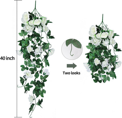RECUTMS Artificial Rose Vine Plants Hanging 4Pieces 3.3Ft,Fake Light up Vines with 30 LED Lights Decor for Home, Office,Room, Door, Garden,Porch, Wedding Decoration (White)
