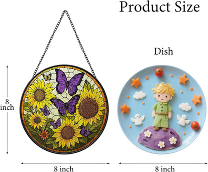 Sunflower Butterfly Suncatchers Stained Glass for Windows Hanging - 8'' Sun Catchers Indoor Window - UV-Print Stain Glass Window Hanging for Home Decor, Wall Art, Gifts for Mom