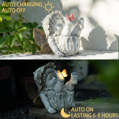 Garden Fairy Outdoor Solar Decor, Resin Ornaments for Patio Lawn Yard Porch, Playful Garden Flower Fairy Statues for Outside Angel Gifts, 7.91 Inches Tall