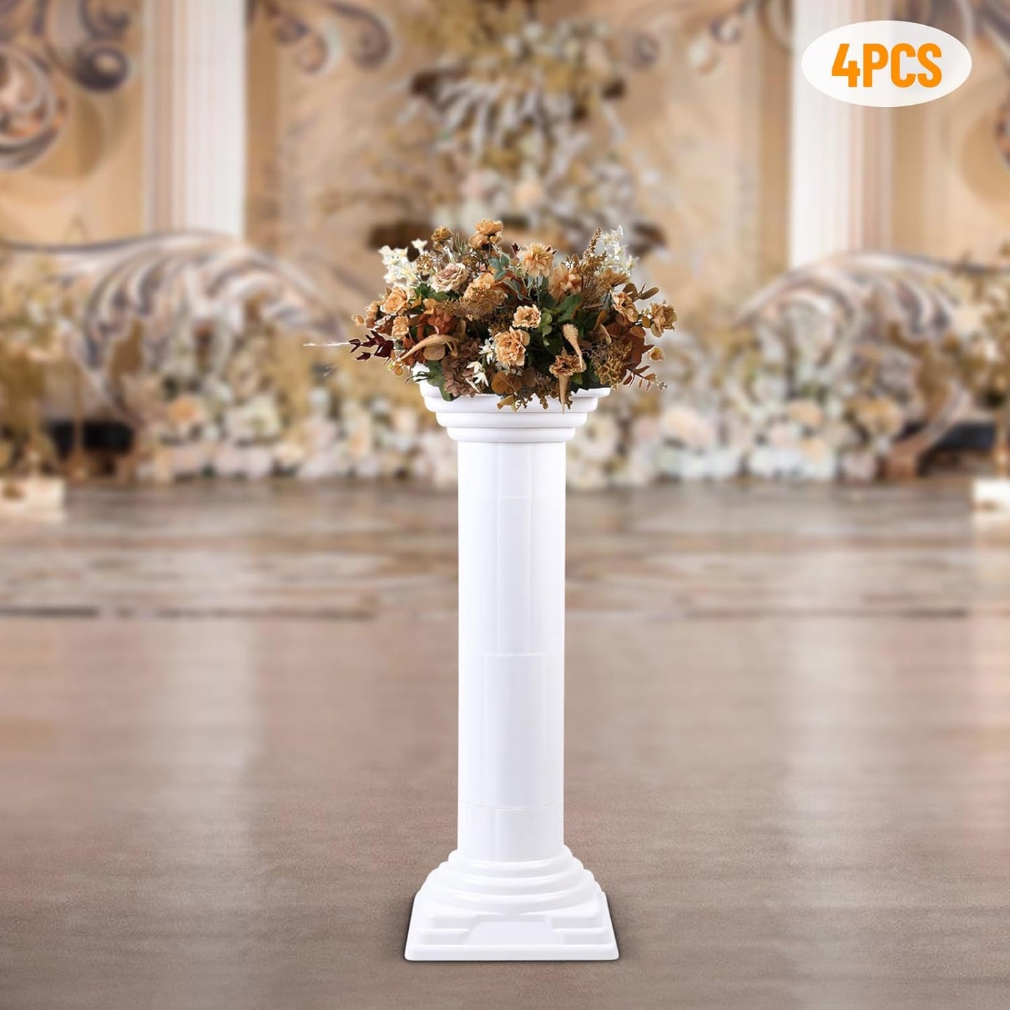 Roman Columns Wedding Column Stand Roman Pillar Plant Stand Plastic Greek Column Statue Pedestal Flower Pot Holder Decor, Wedding Event Party Elegant Decorative Column (White, 4Pcs, 11.4x31.5 Inch)