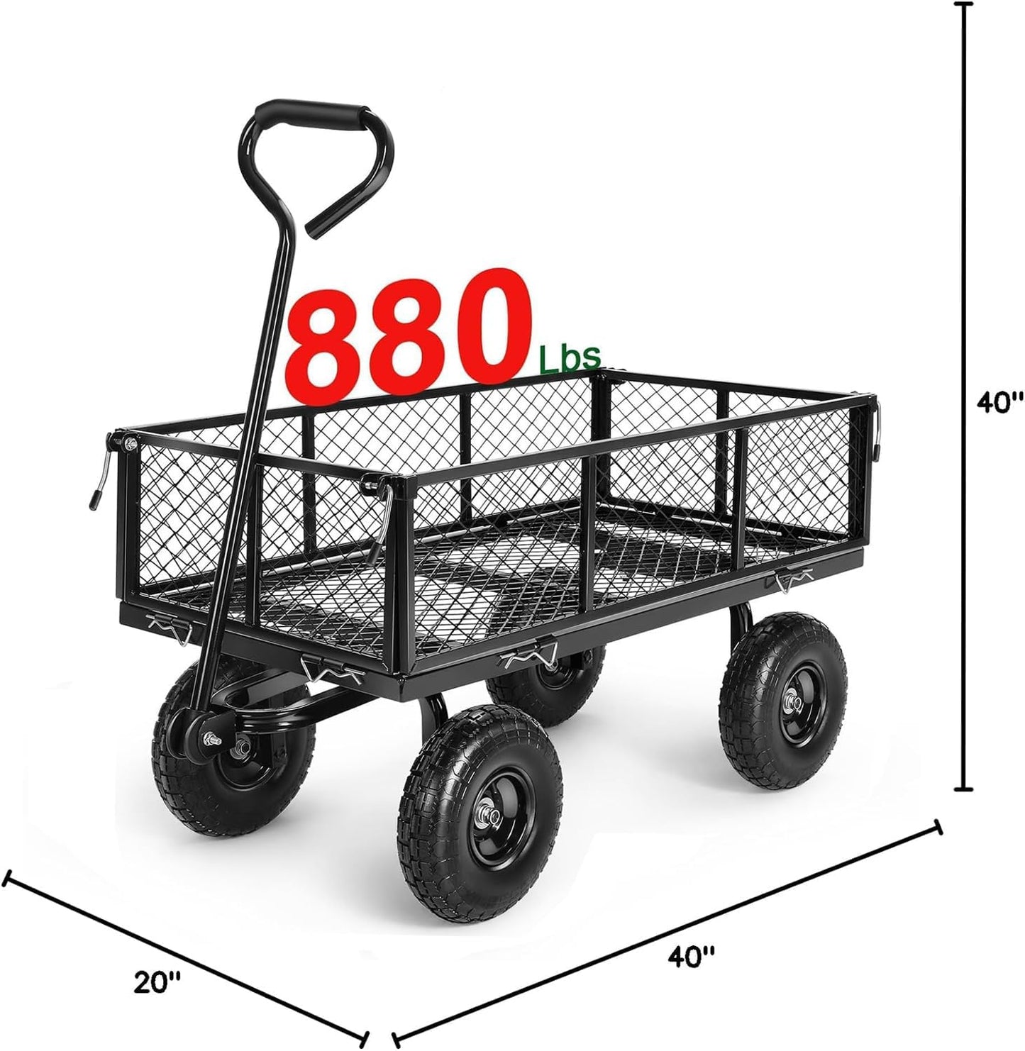 TEANDE Garden Cart, Heavy Duty 880Lbs Capacity Mesh Steel Garden Cart with Removable Sides to Convert into Flatbed, Utility Metal Wagon with 180° Rotating Handle and 10 in Tires, Black