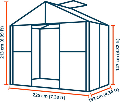 Greenhouse Topas 2 Aluminum Frame 7.4 x 4.4 ft Approx. 8 mm Polycarbonate Panels - with Bonus Base Frame and Automatic Vent Opener