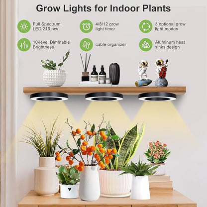 Full Spectrum Grow Light for Indoor Plants, 216 LEDs Halo Plant Light with Auto On/Off Timer (4/8/12H), 10-Level Brightness, 3 Lighting Modes, for Small Plants & Seedlings (Black, Tri Head)