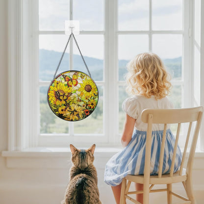 Suncatcher Stained Glass Window Hanging - Sunflower Glass Panel with Metal Chain and Hooks Handmade Sun Catcher Decoration for Window Garden Home Christmas & Birthday Gifts (8 Inch)