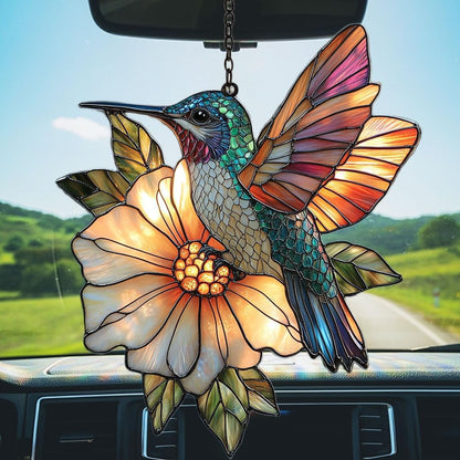 Hummingbird Mosaic Style Acrylic Suncatcher Stained Glass Effect Window Car Hanging Christmas Ornament Indoor Outdoor Decor Garden Sun Catcher Panel for Hummingbird Lover for Women Mom Grandma