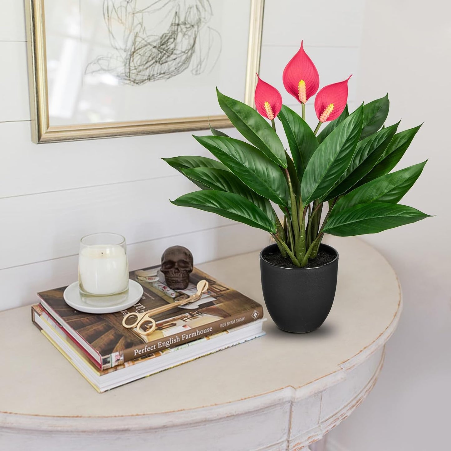 20'' Realistic Pink Anthurium Artificial Plant, Fake Potted Plants for Home Office Farmhouse Kitchen Bathroom Table Shelf Decor