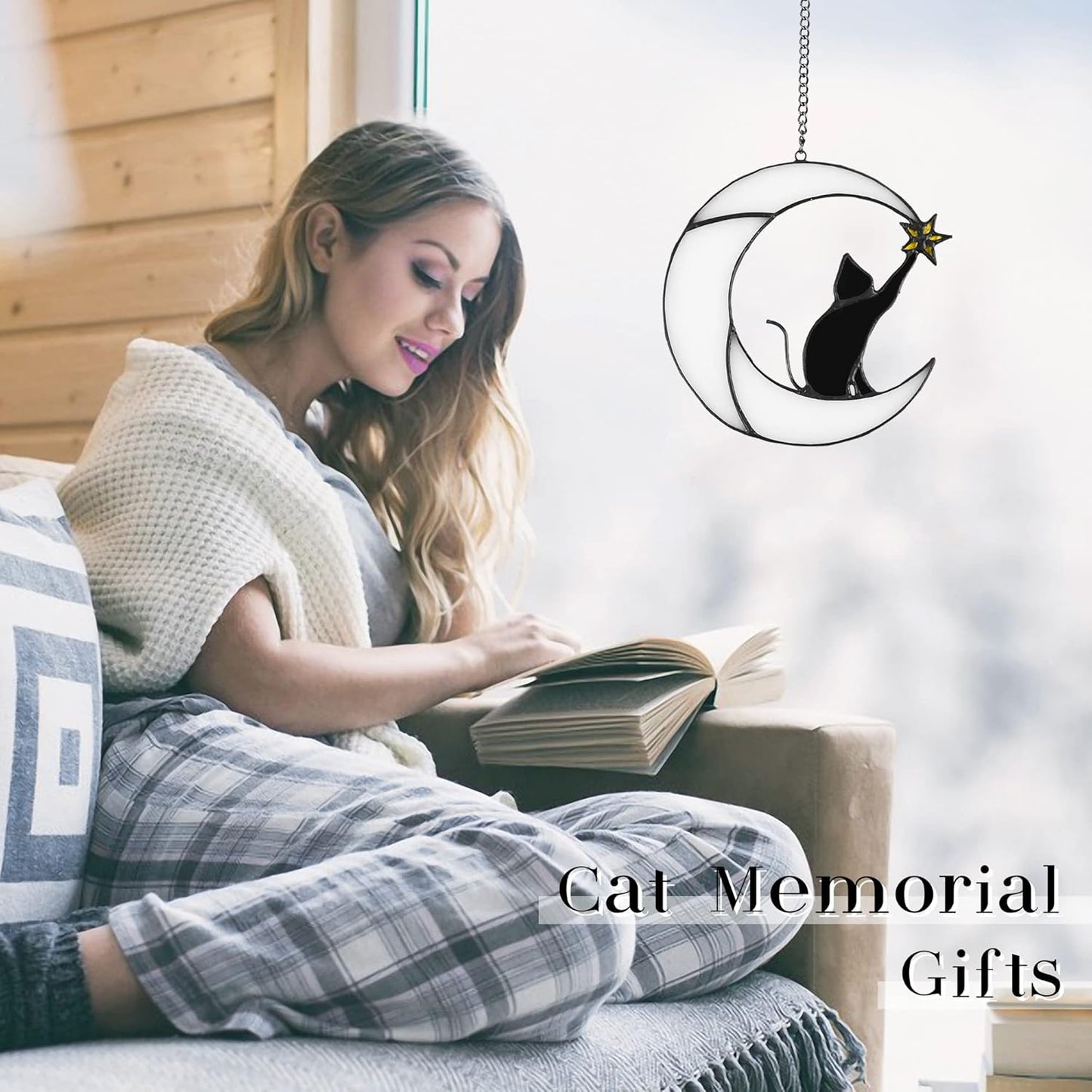 Stained Glass Cat on Moon Pick Star Window Hanging Suncatchers Memorial Gift Decor for Women (Black Cat on White Moon)